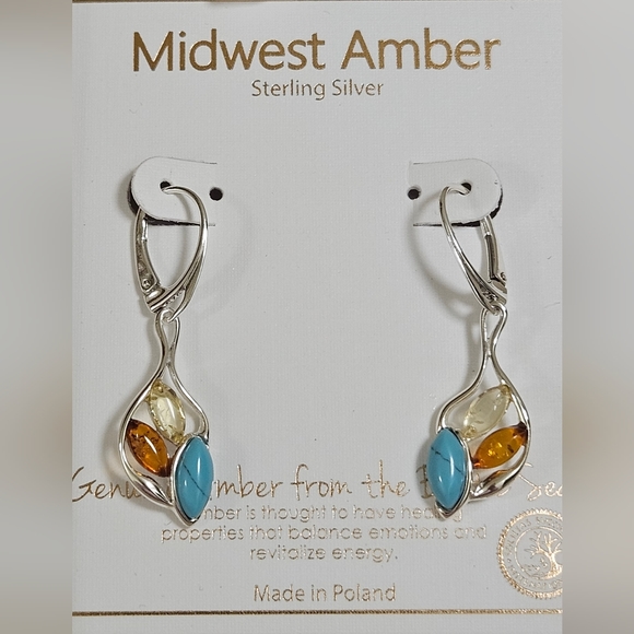 MIDWEST AMBER STERLING SILVER BALTIC AMBER POLAND 1.5" TURQUOISE EARRINGS NIB - Picture 2 of 7